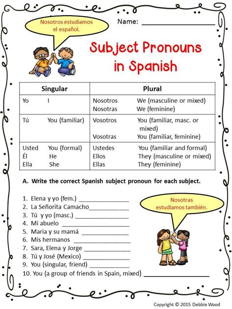 subject pronouns in spanish worksheet answer key